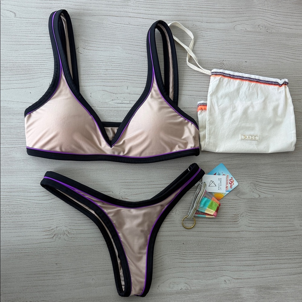 ADG Swimwear Scrunch Bikini Tan/Black/Purple Trim NWT Size M